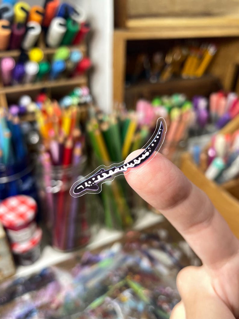 May include: A clear sticker featuring a black and white salamander design. The sticker is held up by a finger, with a blurred background of art supplies, including pencils and markers.