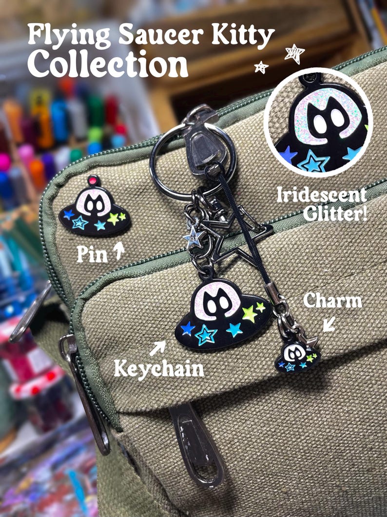 Amuleto de gatito espacial con platillo volador / Amuleto para teléfono con gato OVNI imagen 4