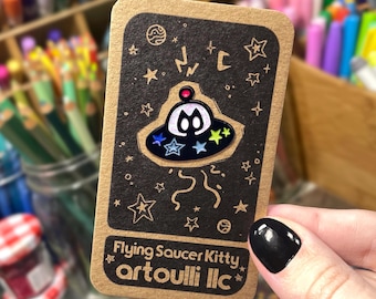 Flying Saucer Space Kitty Enamel Pin | UFO Cat Badge