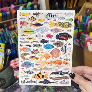 Op de afbeelding: Een stickerblad met illustraties van diverse kleurrijke vissen. De vissen zijn afgebeeld in verschillende maten en vormen, met details zoals strepen, vlekken en vinnen. De achtergrond is lichtbeige.