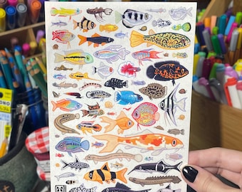 May include: A sticker sheet with illustrations of various fish. The fish are in different colours and sizes, with details such as stripes, spots, and fins. The background is a light beige colour.