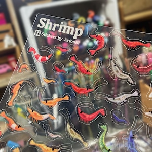 May include: A clear sticker sheet featuring numerous small, colorful illustrations of shrimp in various poses and shades, including red, orange, green, blue, and white. The top left corner displays the text Shrimp and Stickers by Artoulli.