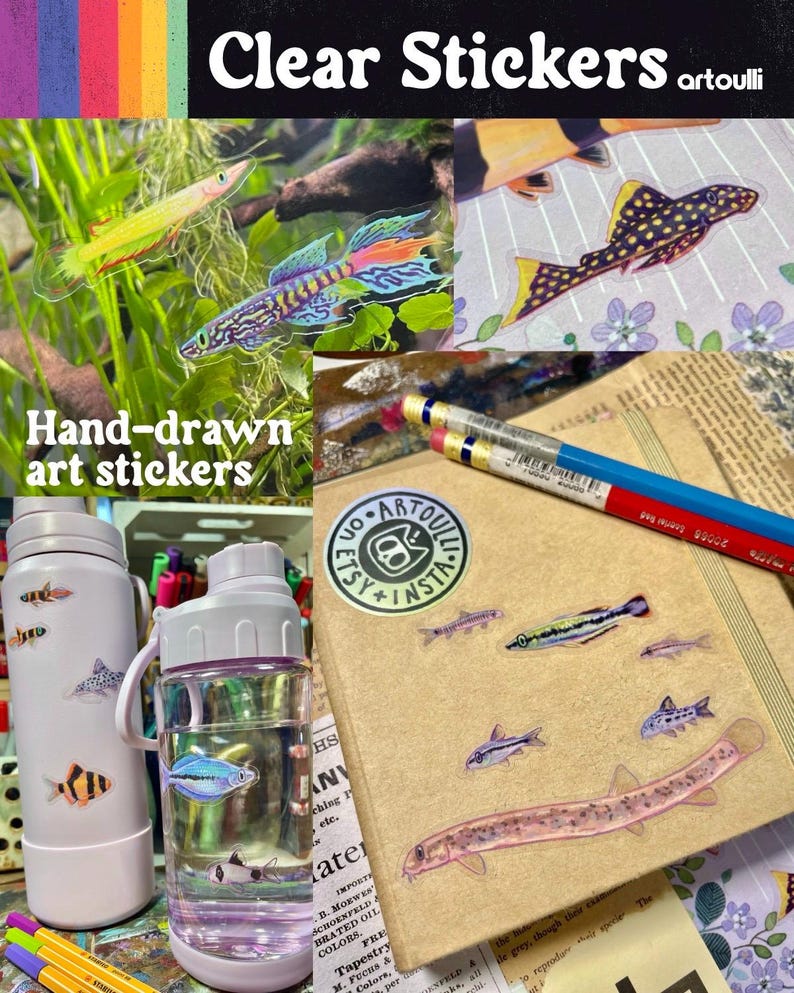 May include: A collection of clear stickers featuring hand-drawn illustrations of various fish species. The stickers are displayed on a white water bottle, a clear water bottle, and a tan notebook, accompanied by pencils and text reading Clear Stickers.