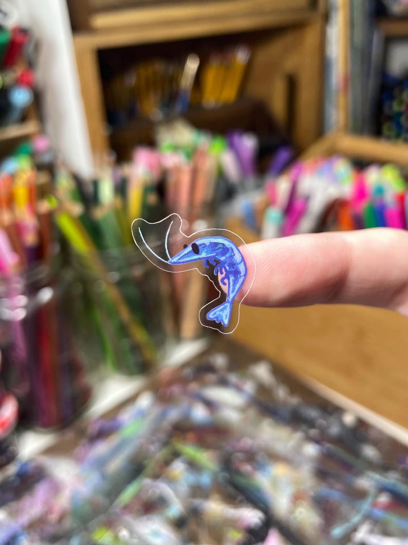 May include: A small, die-cut sticker featuring a blue shrimp illustration with a clear border. The shrimp is depicted in a curled position with a dark eye and detailed shading, showcasing a vibrant blue color palette against a transparent background.