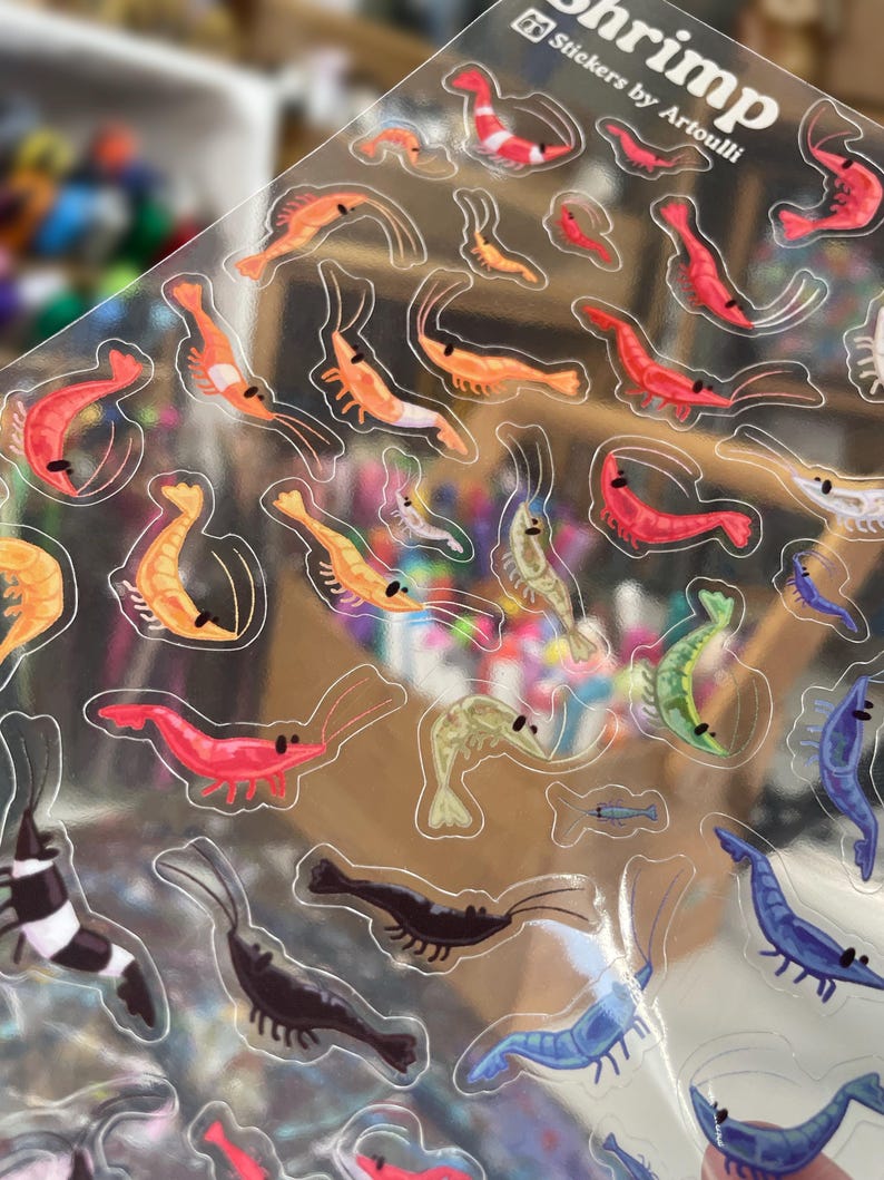 May include: A clear sticker sheet featuring numerous small, colorful shrimp illustrations in various shades of red, orange, blue, green, and black. The top corner displays the text Shrimp Stickers by Artoulli in white lettering.