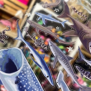 May include: A sheet of clear stickers featuring various shark illustrations in shades of blue, gray, and brown. The stickers include different shark species and star shapes. The text "Shark Stickers by Arton" is visible.