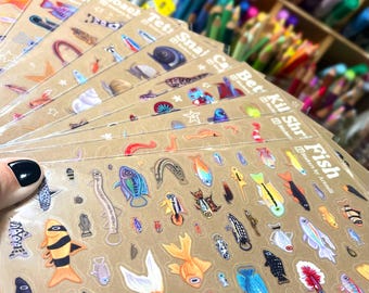Paquete múltiple de láminas de pegatinas transparentes para peces de acuario / Más de 200 pegatinas transparentes para agua dulce