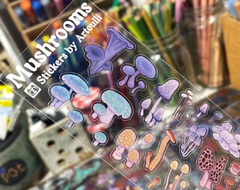Mushroom Sticker Sheet | Clear Transparent Fungi Stickers