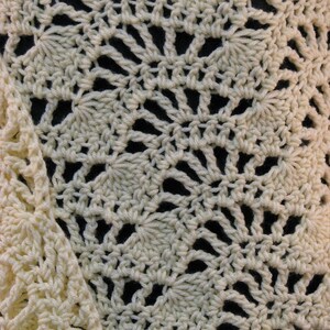 May include: Close-up of a crocheted fabric with a delicate, lacy pattern in a cream color.