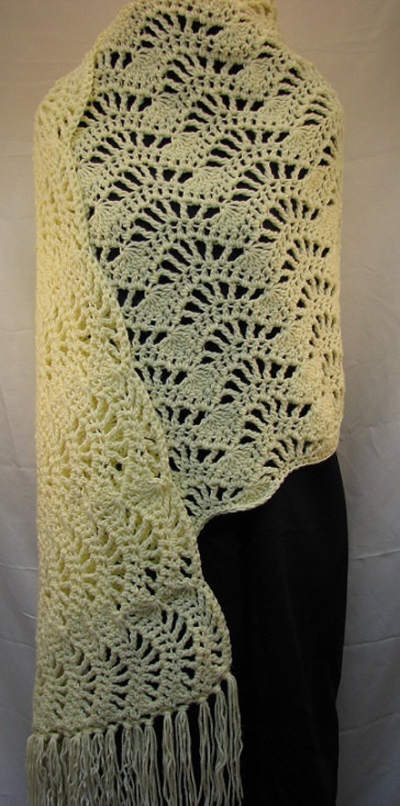Handmade Cream Crochet Shawl: Boho Fringe Wedding Wrap