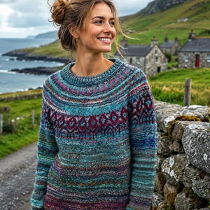 Könnte beinhalten: Ein langärmeliger Strickpullover mit Rundhalsausschnitt und einem mehrfarbigen Fair-Isle-Muster in Blaugrün, Blau, Violett und Magenta. Das Kleidungsstück hat eine strukturierte Optik mit horizontalen Bändern aus geometrischen Mustern.