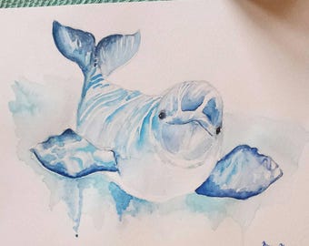 Beluga whale, whale art, whale nursery, beach decor, whale painting, beluga whale painting, whale art, whale watercolor, whale print