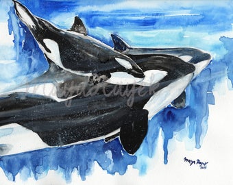 Orca whales, orca whale art, whale nursery, beach decor, whale painting, orca painting, whale art, whale watercolor, nursery decor