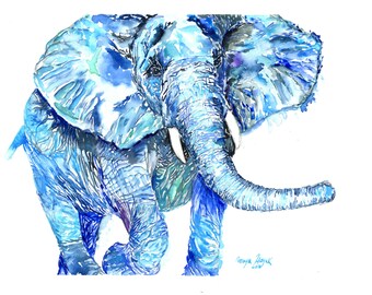 Peinture d’aquarelle d’éléphant, pépinière d’éléphant, peinture de pépinière, décor d’enfants, art d’éléphant, décor de pépinière, art de mur d’enfant, peinture bleue