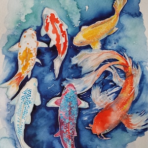 Koi Fish painting, Japanese Carp painting, Koi Fish watercolor print, Feng Shui wall art, Zen wall art, fish painting, fish wall art