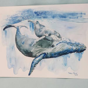 Mama en Baby blauwe vinvis, walvis kwekerij, walvis kunst, blauwe vinvis aquarel, walvis schilderij, bultrug walvis kwekerij, kinderkamer decor, kind muur kunst