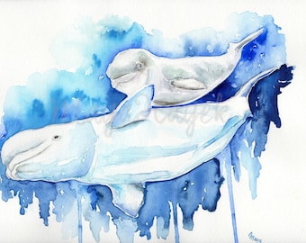 Mama and Baby beluga whale, whale nursery, whale art, beluga whale watercolor painting, aquatic painting, beluga whale painting, beach art