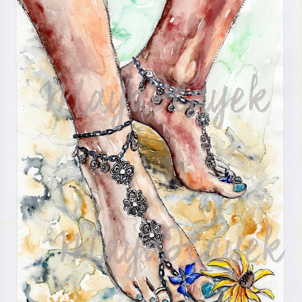 Dancing feet watercolor painting, feet color print, home decor, feet, exotic, summery dance, beach decor, feet art