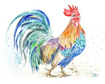 Rooster watercolor painting, nursery decor, farm decor, rustic decor, kids decor, rooster decor, rooster art, child wall decor