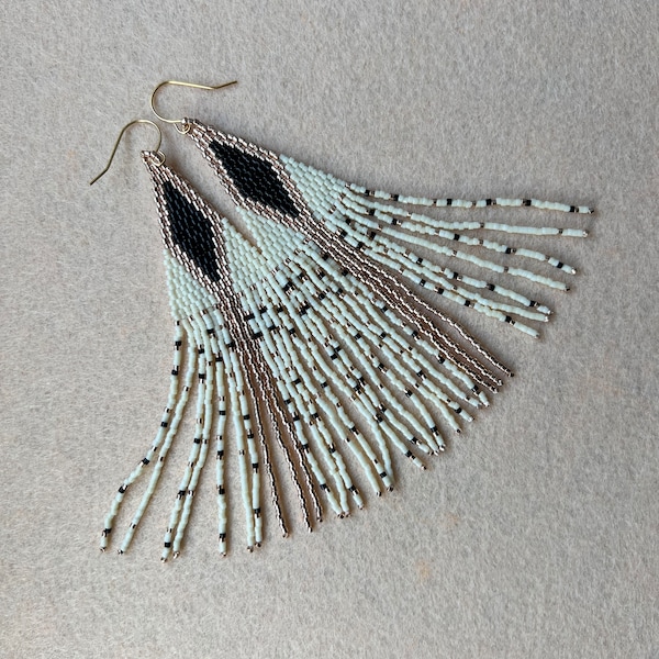 The White Diamond, black white and gold Miyuki Delicate beads beaded earrings, long fringe dangle boho style statement earrings