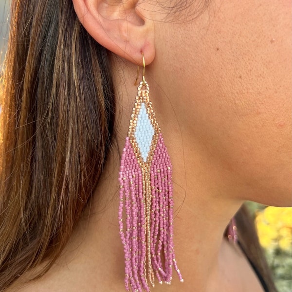 The Blue Diamond, purple sky blue and golden miyuki beads, long fringe dangle, boho style earrings. Miyuki Delicate Beaded Earrings