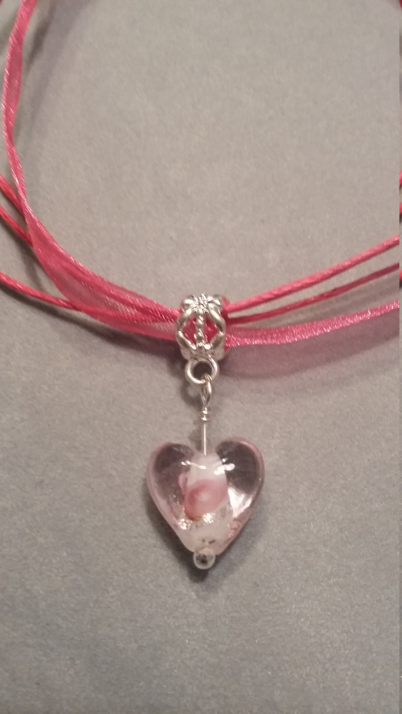 Pink Glass Heart Dangle Necklace