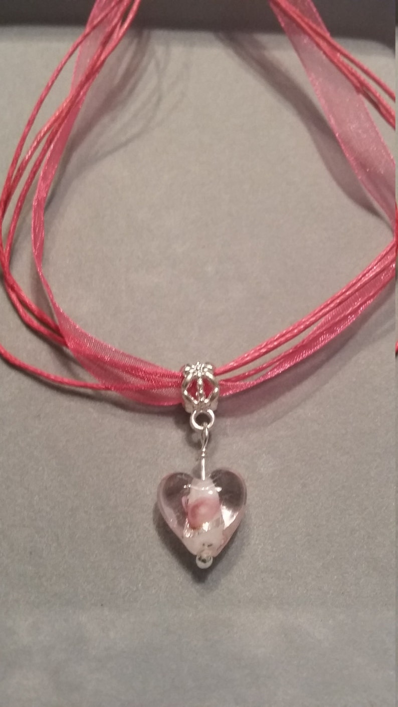Pink Glass Heart Dangle Necklace