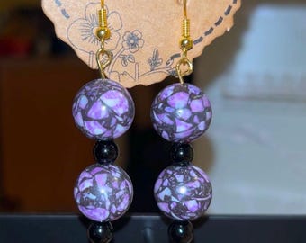 Purple and black round stone earrings