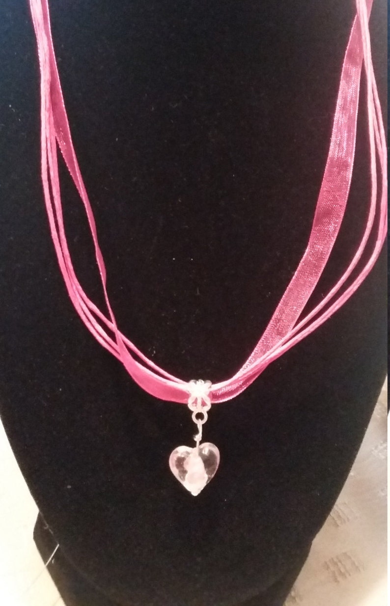 Pink Glass Heart Dangle Necklace