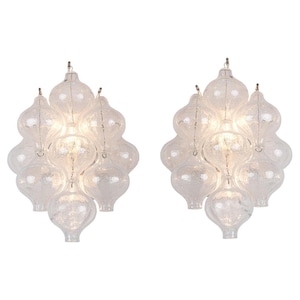1 &#39;of 3&#39; Pair of Tulipan Wall Sconces Frosted Murano Glass & Brass by Kalmar, Austria, 1960s