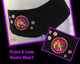 Hippie Peace Love Bling Booty Shorts-70'sCostume-70'sOutfit-70'sAttire-DiscoClothes-HippieCostume-70'sShorts