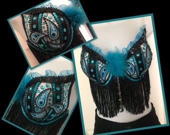 Country Western Turquoise Paisley Print Country Western Bling Bra-sexycountrywesternbra-countrywesterncostume-westernwear-