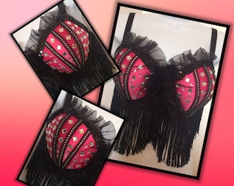 Burlesque Bling Bra with rhinestones, fringe and pearls-Sexylingerie-sexyfringebra-themedWear-Clubwear-bustier