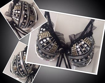 Biker Leather and Lace Bling Bra-BikerBra-BikerLingerie-SexyBikerBra-SexyBikerLingerie-BikerBraWithStuds-BikerBrawithRhinestones-SexyStudBra