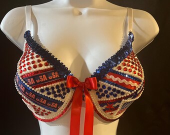 Patriotic Rhinestone Bra: USA Red White Blue Rave Top