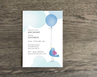 Little bird baby shower invitation, blue baby shower invitation , instant download invitation, printable invitation