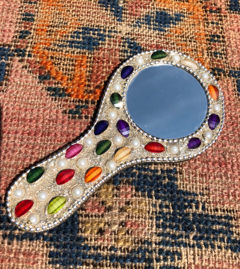 Handmade Moroccan Mirror White Colorful Boho Jewel Encrusted Decorative