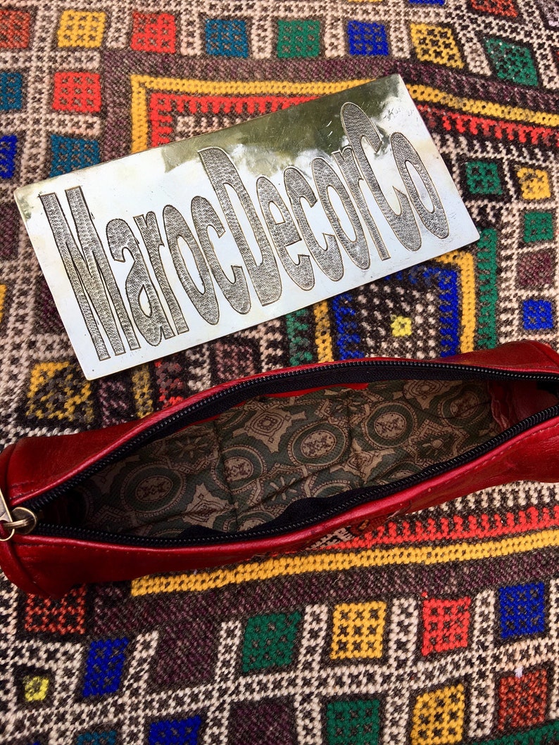Leather Kilim Pouch Handmade Moroccan Leather Kilim Pencil Case Red Leather Pouch Handmade Leather Bag Leather Makeup Case