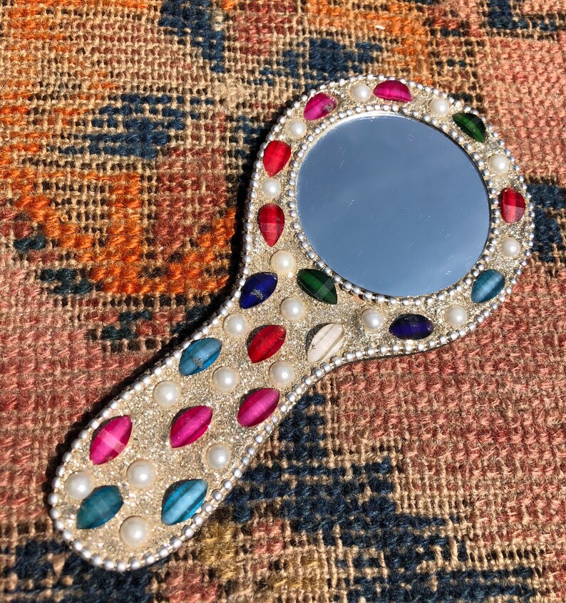 Handmade Moroccan Mirror White Colorful Boho Jewel Encrusted Decorative