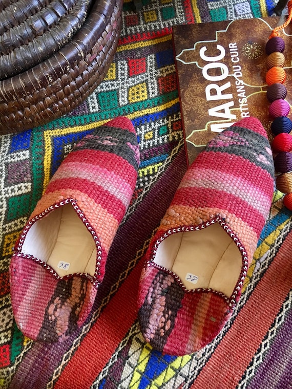 Moroccan Beige Brown Kilim Leather Babouche Women Mule Slipper Model 2019 Toop
