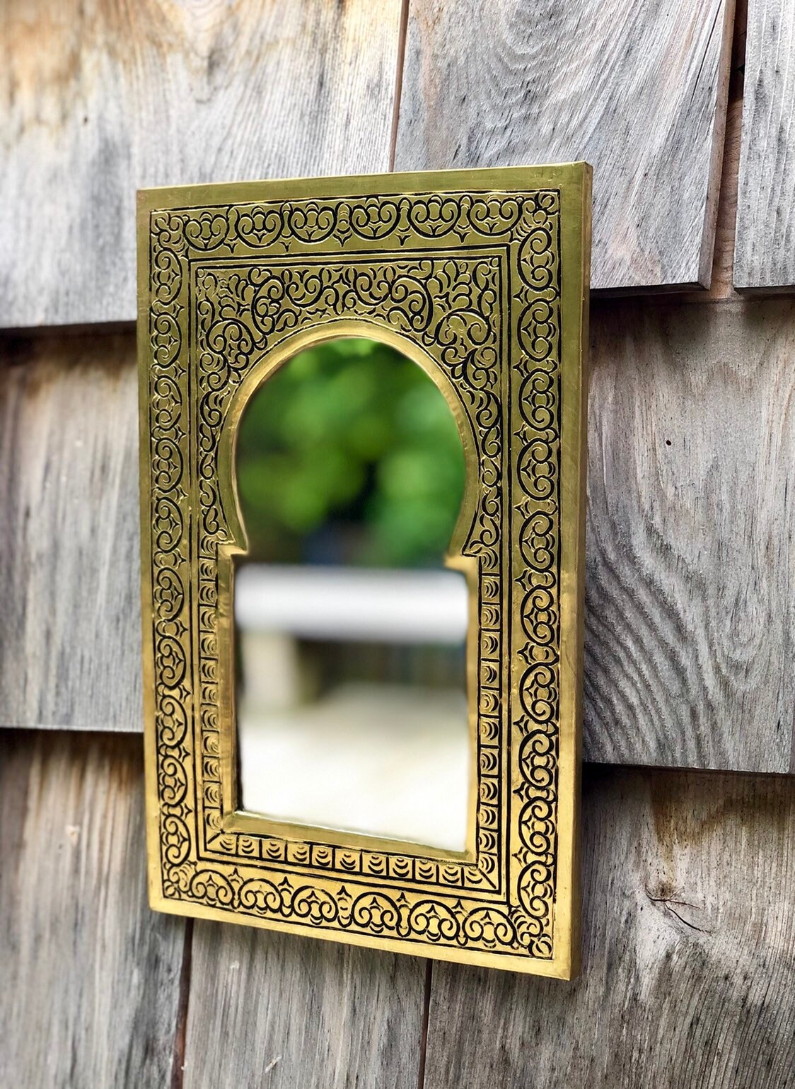 Medium Handcarved Brass Wall Mirror Arched Door Handmade In