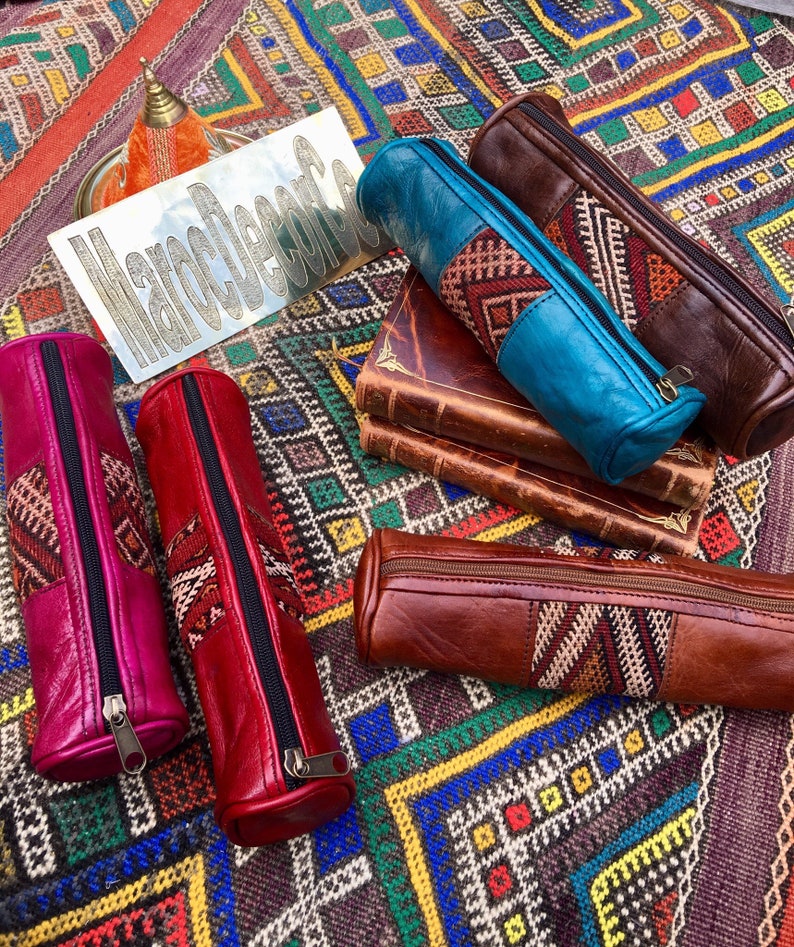 Leather Kilim Pouch Handmade Moroccan Leather Kilim Pencil Case Red Leather Pouch Handmade Leather Bag Leather Makeup Case