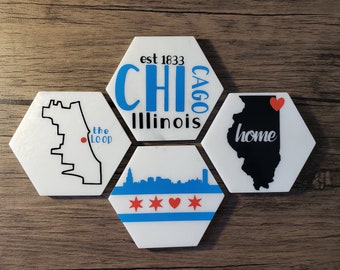 Chicago Coaster Set | Hexagon Coasters | Marble Coasters | Housewarming Gift | Chicago Flag | State Coasters | City Coasters | Custom