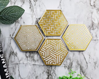 Geometric Coaster Set | Hexagon Coasters | Marble Coasters | Apartment Decor