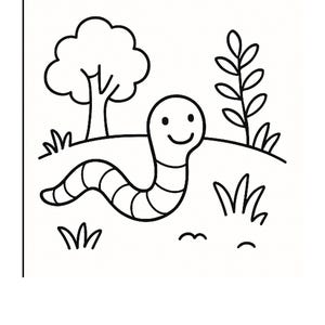 May include: Black and white line drawing of a smiling worm in a grassy field with a tree and plant. The worm has a segmented body and a happy face. The tree has a rounded crown.