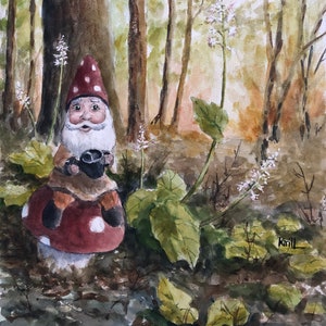 Garden Gnome and Foam Flower Watercolor Painting, Mushroom Wall Art - Print or Original