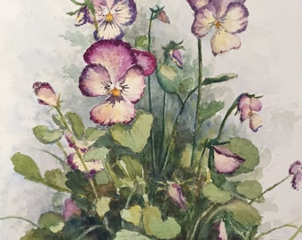 Violet Painting Spring Original Art Pansy Painting Flower Art Small Watercolor 7 by 5 Floral Wall Art by ElgrigoArtShop