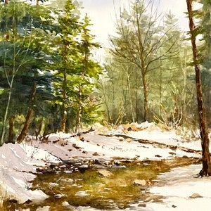 Snowy Spring in Vermont Watercolor Painting, Vermont Winter Landscape, Print or Original