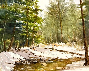 Snowy Spring in Vermont Watercolor Painting, Vermont Winter Landscape, Print or Original