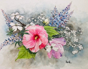 Native Plant Wedding Bouquet, Watercolor Wall Art Print